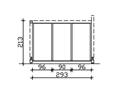 Technische Zeichnung einer dreiteiligen Schiebetür mit den Maßen 213 x 293 cm.