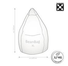 Abbildung eines Sitzsacks XL mit den Maßen circa 110 cm Höhe und circa 70 cm Durchmesser sowie den Hinweisen Sitzposition und geringes Gewicht von 3,7 kg.