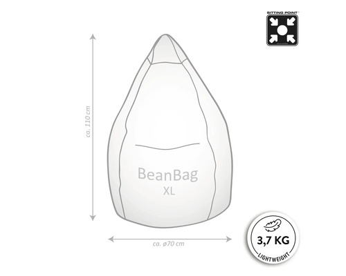 Abbildung eines Sitzsacks XL mit den Maßen circa 110 cm Höhe und circa 70 cm Durchmesser sowie den Hinweisen Sitzposition und geringes Gewicht von 3,7 kg.