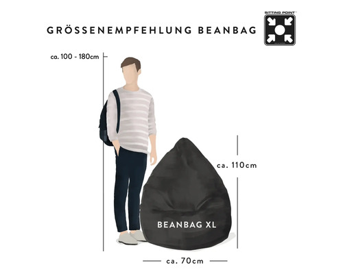 Größenempfehlung Sitzsack mit Maßangaben und Sitting Point Logo