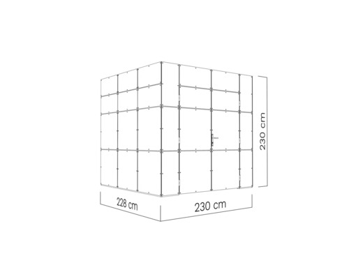 Schema einer Duschkabine mit den Maßen 230 mal 230 mal 228 Zentimeter