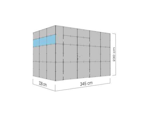 Isometrische Darstellung einer modularen Raumzelle mit den Maßen 228 mal 345 mal 230 Zentimeter