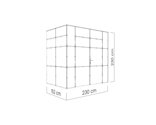 Darstellung eines Gerätehauses mit den Maßen 230 cm x 230 cm x 152 cm.