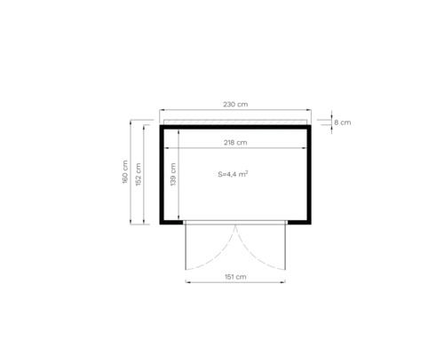 Grundriss eines Gartenhauses mit den Maßen 230 mal 160 Zentimeter
