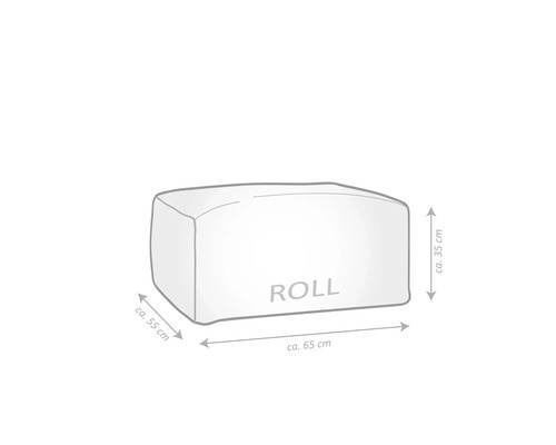 Illustration eines rechteckigen Kissens mit den Maßen circa 65 cm Länge, circa 55 cm Breite und circa 35 cm Höhe.