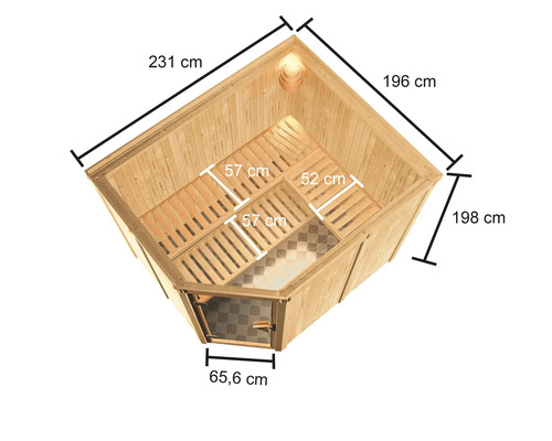 Innenansicht einer Sauna mit Maßen und Sitzbänken