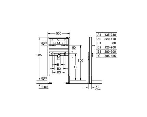 Technische Zeichnung eines Vorwandelements mit Maßangaben