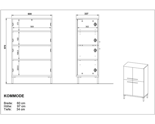 Technische Zeichnung einer Kommode mit Maßangaben