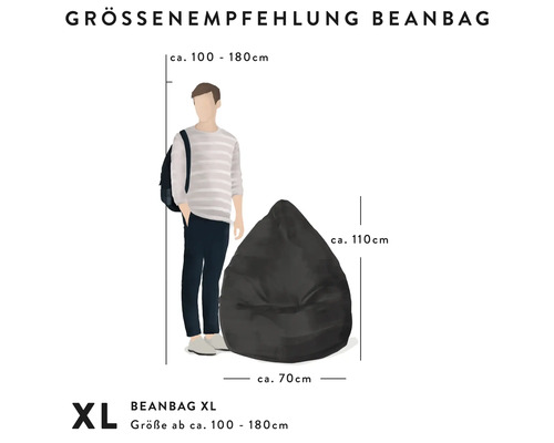 Größenempfehlung für einen XL-Sitzsack mit den Maßen circa 70 cm Breite und circa 110 cm Höhe für eine Körpergröße von circa 100 bis 180 cm.