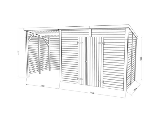 Illustration eines Gerätehauses mit Abmessungen