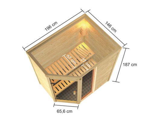 Ecksauna mit Abmessungen 196 cm, 146 cm, 187 cm und einer Tür von 65,6 cm Breite.