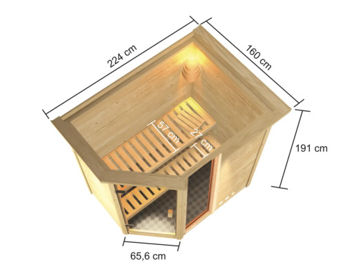 Draufsicht einer Ecksauna mit den Maßen 224 cm, 160 cm, 191 cm und 65,6 cm