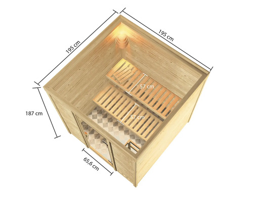 Draufsicht einer Holzsauna mit Bänken und Maßangaben