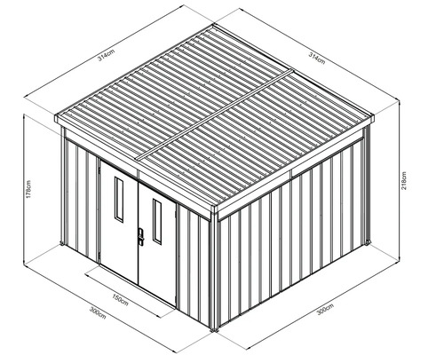 Abbildung eines Gerätehauses mit den Maßen 314 cm x 300 cm x 218 cm
