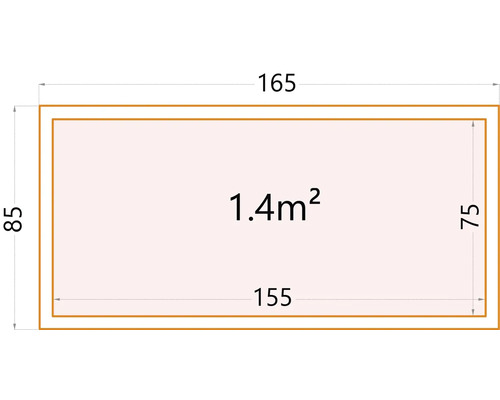 Diagramm mit Abmessungen: 165 mal 85, 155 mal 75, Flaeche 1,4 Quadratmeter