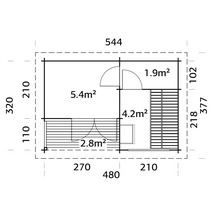 Grundrisszeichnung eines Gartenhauses mit Maßangaben.