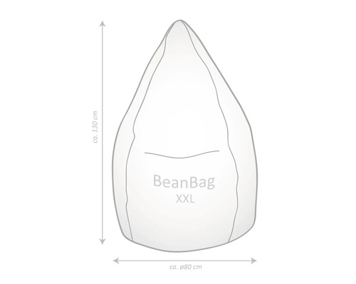 Darstellung eines Beanbags in XXL-Größe mit den Maßen circa 130 cm Höhe und circa 80 cm Durchmesser.