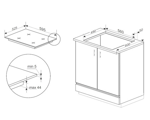 Produktmaßzeichnung für Kochfeld und Unterschrank