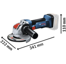 Bosch Akku Winkelschleifer mit den Maßen 341 mm Länge, 222 mm Breite und 110 mm Höhe.