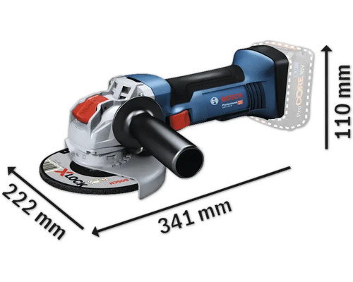 Bosch Akku Winkelschleifer mit den Maßen 341 mm Länge, 222 mm Breite und 110 mm Höhe.
