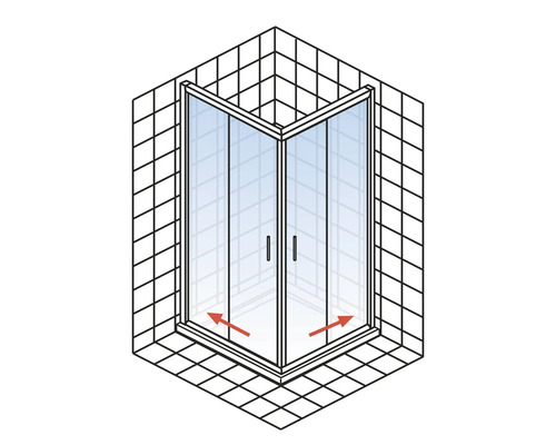 Eckdusche mit Schiebetüren in einem Badezimmer mit Fliesen