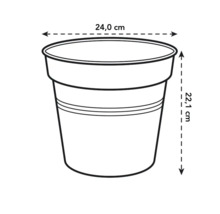 Illustration eines Pflanztopfs mit den Maßen 24,0 cm Durchmesser und 22,1 cm Höhe.