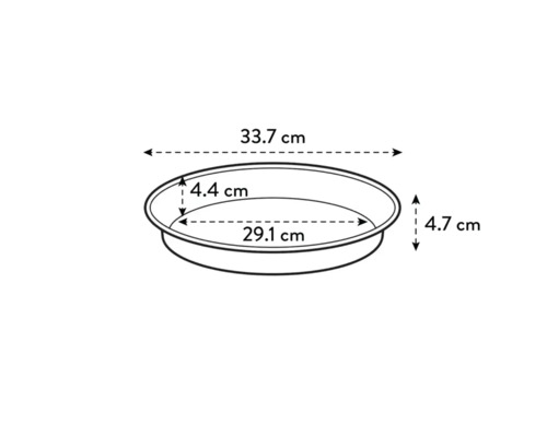 Technische Zeichnung einer runden Pflanzschale mit Maßangaben: 33,7 cm Durchmesser, 4,4 cm Innenhöhe und 4,7 cm Gesamthöhe.