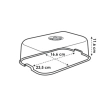 Technische Zeichnung einer rechteckigen Tortenhaube mit den Maßen 23,5 cm Länge, 16,6 cm Breite und 11,6 cm Höhe.