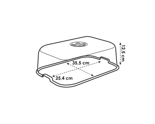 Technische Zeichnung einer Kuchenhaube mit den Maßangaben 35,5 cm, 25,4 cm und 12,5 cm.