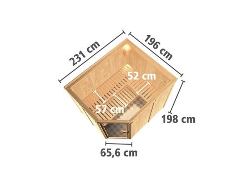 Draufsicht einer Ecksauna aus Holz mit Maßangaben