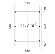 Grundriss eines Gartenhauses mit den Maßen 315 mal 359 Zentimeter und einer Fläche von 11,7 Quadratmetern