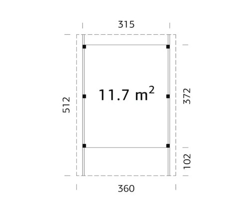 Grundrisszeichnung mit Maßangaben für Gartenhaus