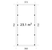 Grundriss mit Größenangaben 315, 360, 732, 762 und 23,1 Quadratmeter