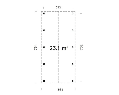Grundriss mit Maßen: 315, 361, 764 und 732, Fläche 23,1 Quadratmeter