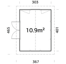 Grundriss eines Gartenhauses mit Abmessungen und einer Fläche von 10.9 Quadratmetern