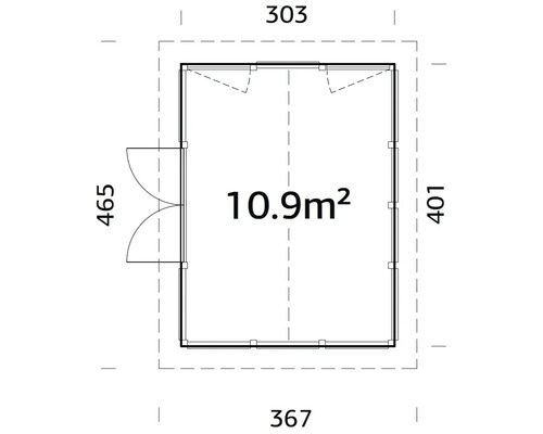 Grundriss eines Gartenhauses mit Abmessungen und einer Fläche von 10.9 Quadratmetern