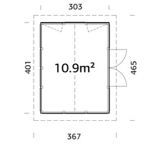 Grundrisszeichnung eines Gartenhauses mit Maßangaben.