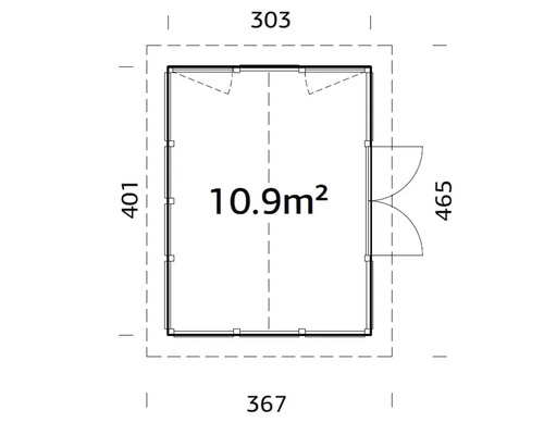 Grundrisszeichnung eines Gartenhauses mit Maßangaben.