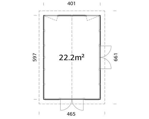 Grundrisszeichnung eines Gartenhauses mit den Maßen 401 x 597 Zentimeter und einer Fläche von 22,2 Quadratmetern.