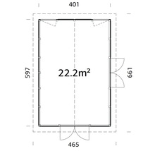 Grundrisszeichnung eines Gartenhauses mit den Maßen 401 mal 597 Zentimeter und einer Fläche von 22.2 Quadratmetern
