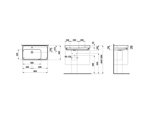 Technische Zeichnung eines Waschtischs mit Maßangaben