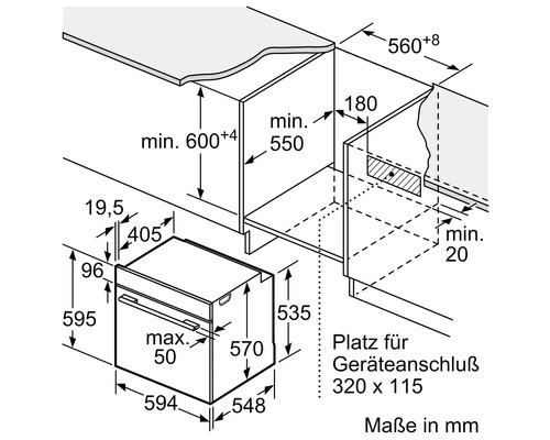 Einbauzeichnung eines Backofens mit Maßangaben in Millimetern.