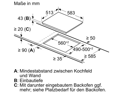 Maßzeichnung eines Kochfeldes mit Angaben zu Einbaumaßen und Mindestabständen in Millimeter.