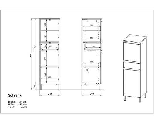 Technische Zeichnung eines Schranks mit Breiten-, Höhen- und Tiefenangaben