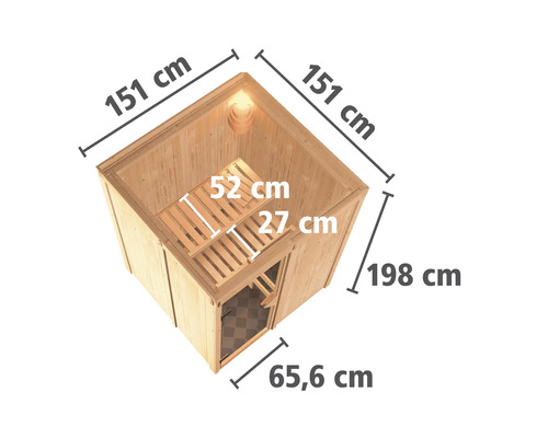 Abbildung einer Sauna mit den Maßen 151 cm x 151 cm x 198 cm.