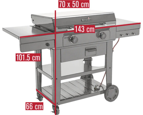 Char-Broil Gasgrill mit den Maßen 70 x 50 cm, 143 cm Breite und 101,5 cm Höhe