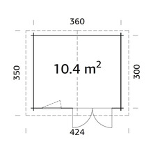 Grundrisszeichnung eines Gartenhauses mit den Maßen 360 x 350 x 300 cm und einer Fläche von 10,4 Quadratmetern