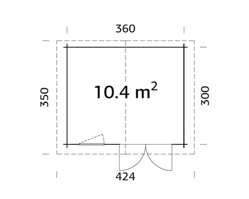 Grundrisszeichnung eines Gartenhauses mit den Maßen 360 x 350 x 300 cm und einer Fläche von 10,4 Quadratmetern