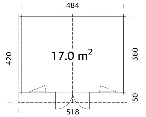 Grundrisszeichnung eines Gartenhauses mit den Maßen 484 mal 420 mal 360 mal 50 Zentimeter und einer Fläche von 17 Quadratmetern.