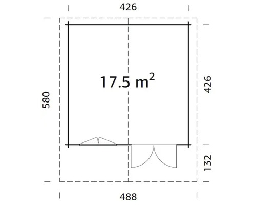 Grundrisszeichnung eines Gartenhauses mit den Maßen 426 mal 488 Zentimeter und einer Fläche von 17,5 Quadratmetern